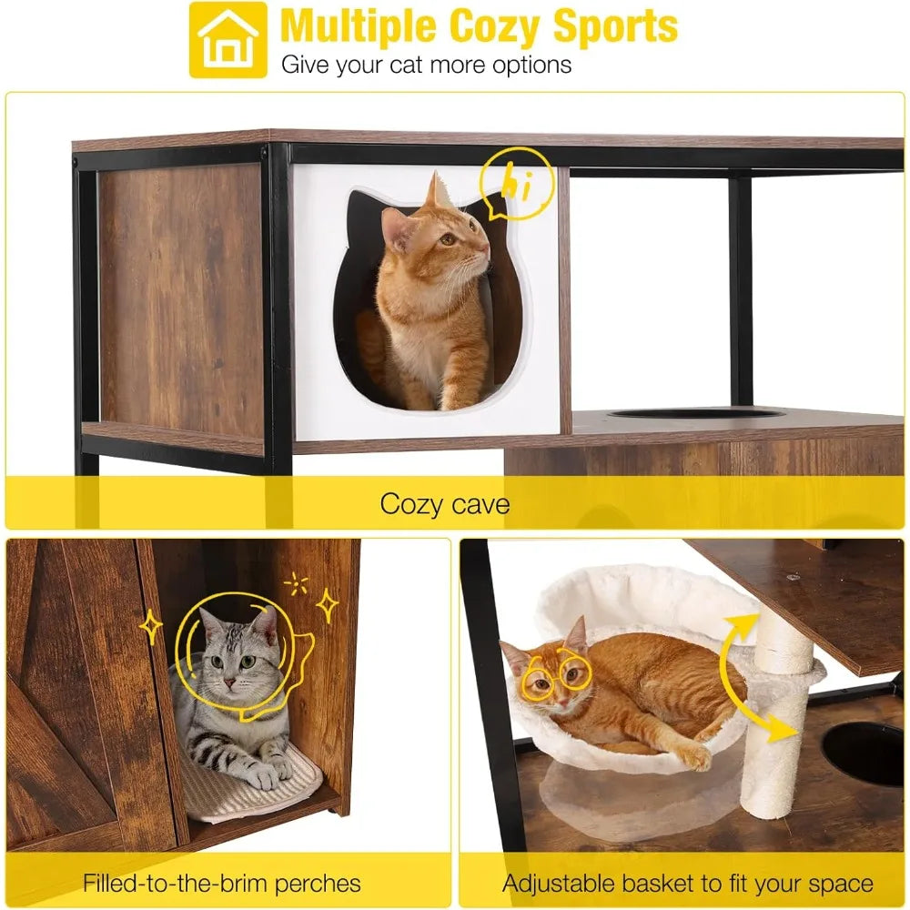 Wooden Cat Washroom Furniture — Hidden Litter Box Enclosure with Condo, Hammock, Scratching Mat & Storage Shelves