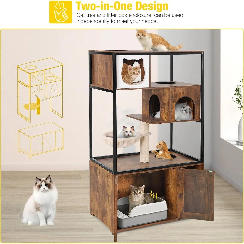 Wooden Cat Washroom Furniture — Hidden Litter Box Enclosure with Condo, Hammock, Scratching Mat & Storage Shelves