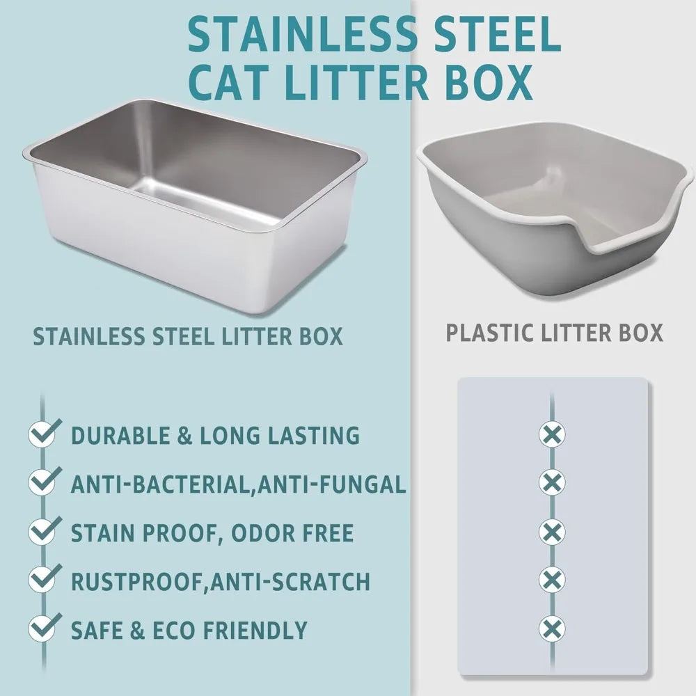 Stainless Steel Cat Litter Box XXL — High-Sided 8" Deep, Non-Stick, Odorless & Easy Clean