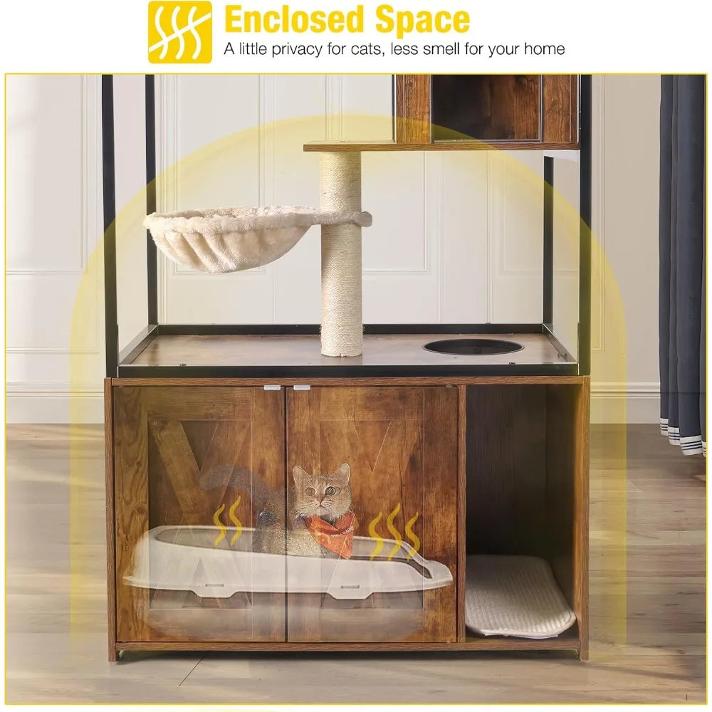 Wooden Cat Washroom Furniture — Hidden Litter Box Enclosure with Condo, Hammock, Scratching Mat & Storage Shelves