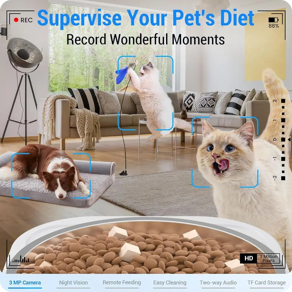 Smart Pet Feeder with 2K Camera, 5G WiFi, Night Vision, 7L Food Dispenser — Easy Clean