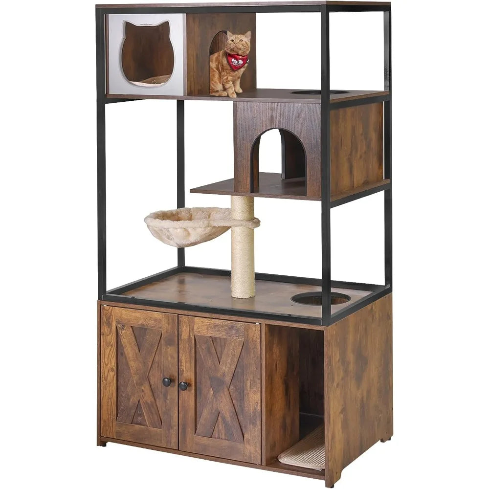 Wooden Cat Washroom Furniture — Hidden Litter Box Enclosure with Condo, Hammock, Scratching Mat & Storage Shelves