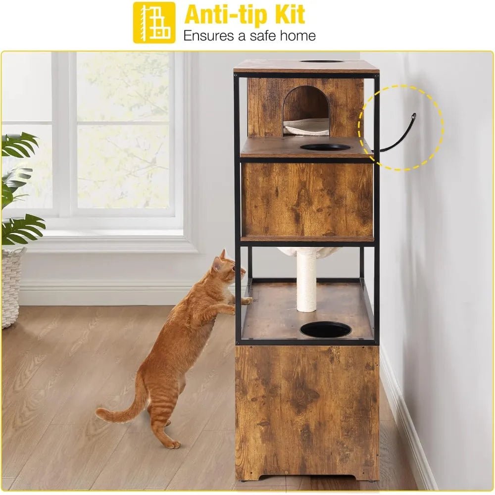 Wooden Cat Washroom Furniture — Hidden Litter Box Enclosure with Condo, Hammock, Scratching Mat & Storage Shelves