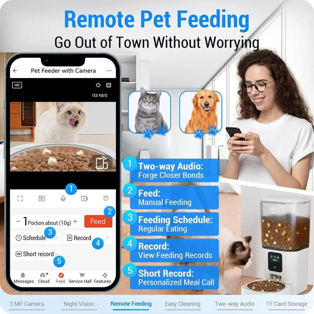 Smart Pet Feeder with 2K Camera, 5G WiFi, Night Vision, 7L Food Dispenser — Easy Clean