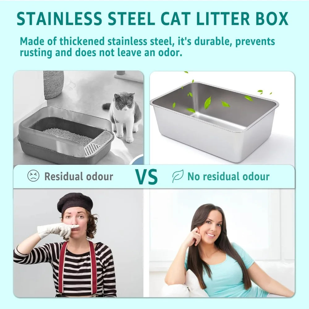 Stainless Steel Cat Litter Box XXL — High-Sided 8" Deep, Non-Stick, Odorless & Easy Clean
