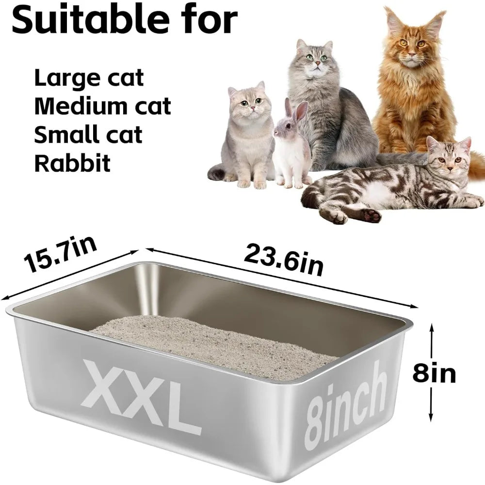 Stainless Steel Cat Litter Box XXL — High-Sided 8" Deep, Non-Stick, Odorless & Easy Clean
